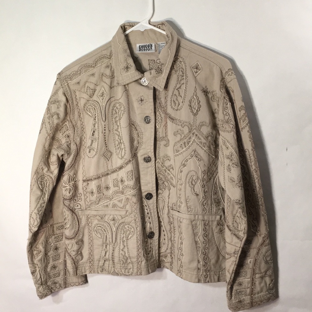 Chico’s Khaki Embroidered Jean Jacket Size 1